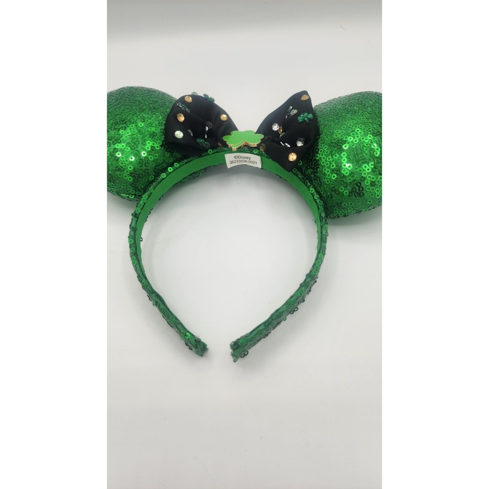 Disney Minnie Mouse Ears Headband Green and Black Sequins St Patrick's Day EUC